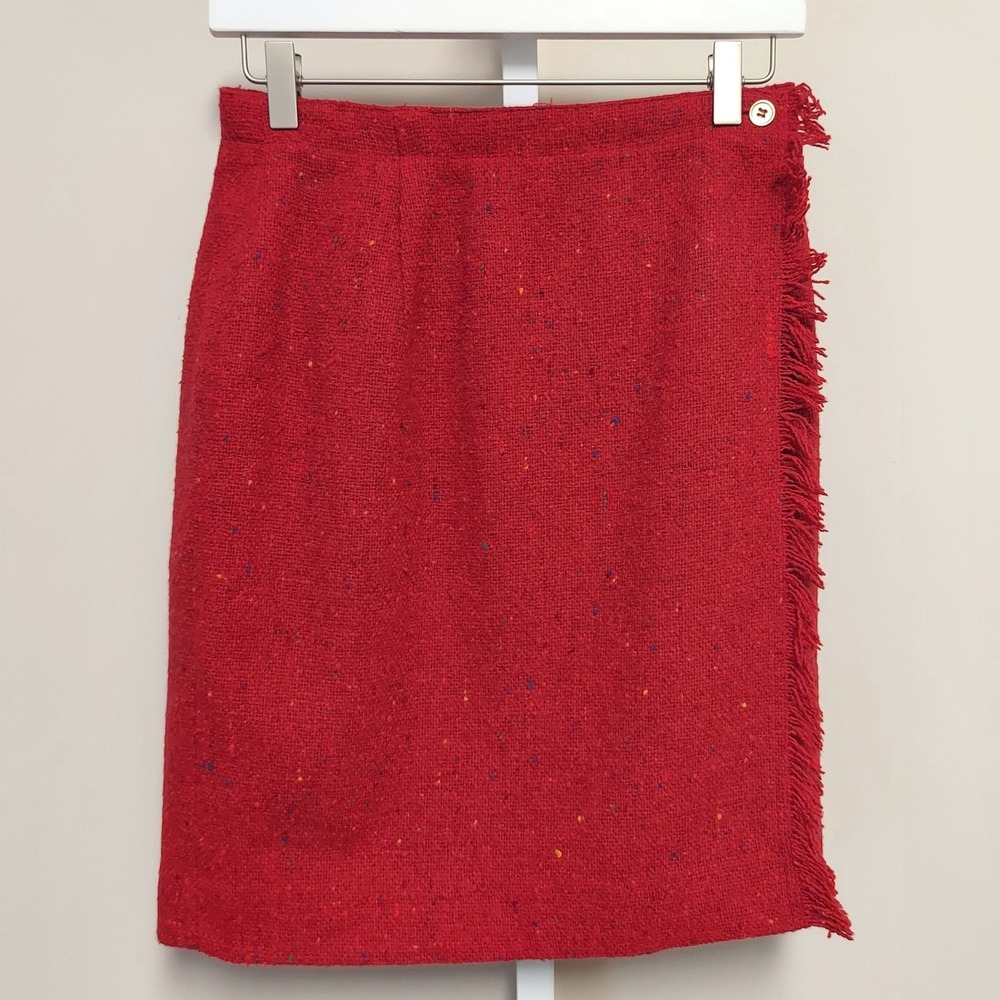 Liz Claiborne Red Tweed Wool Blend Fringe Wrap Skirt Size 10 Confetti Textured